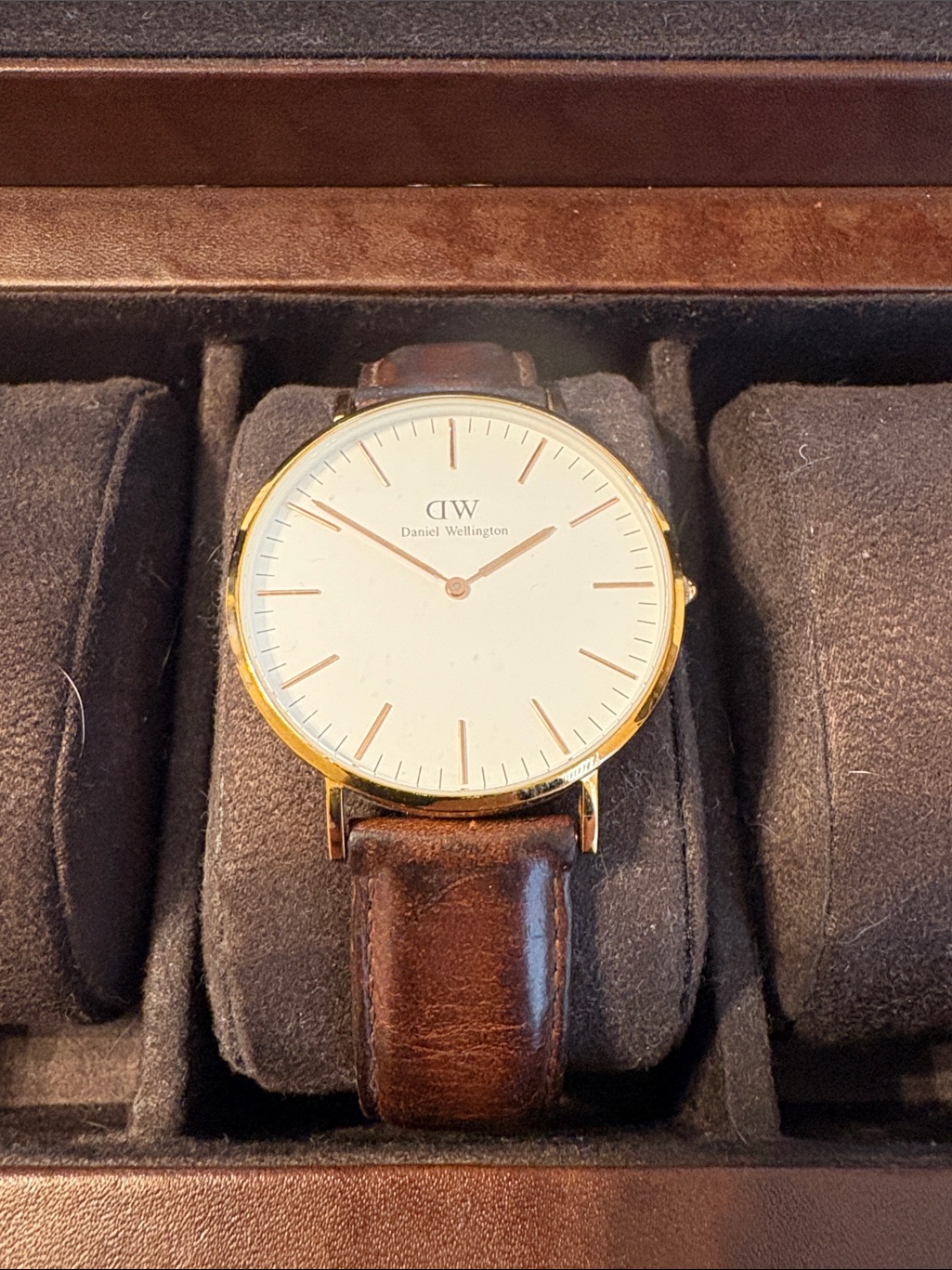 Daniel Wellington White Dial Watch With Brown Leather And Gold Case